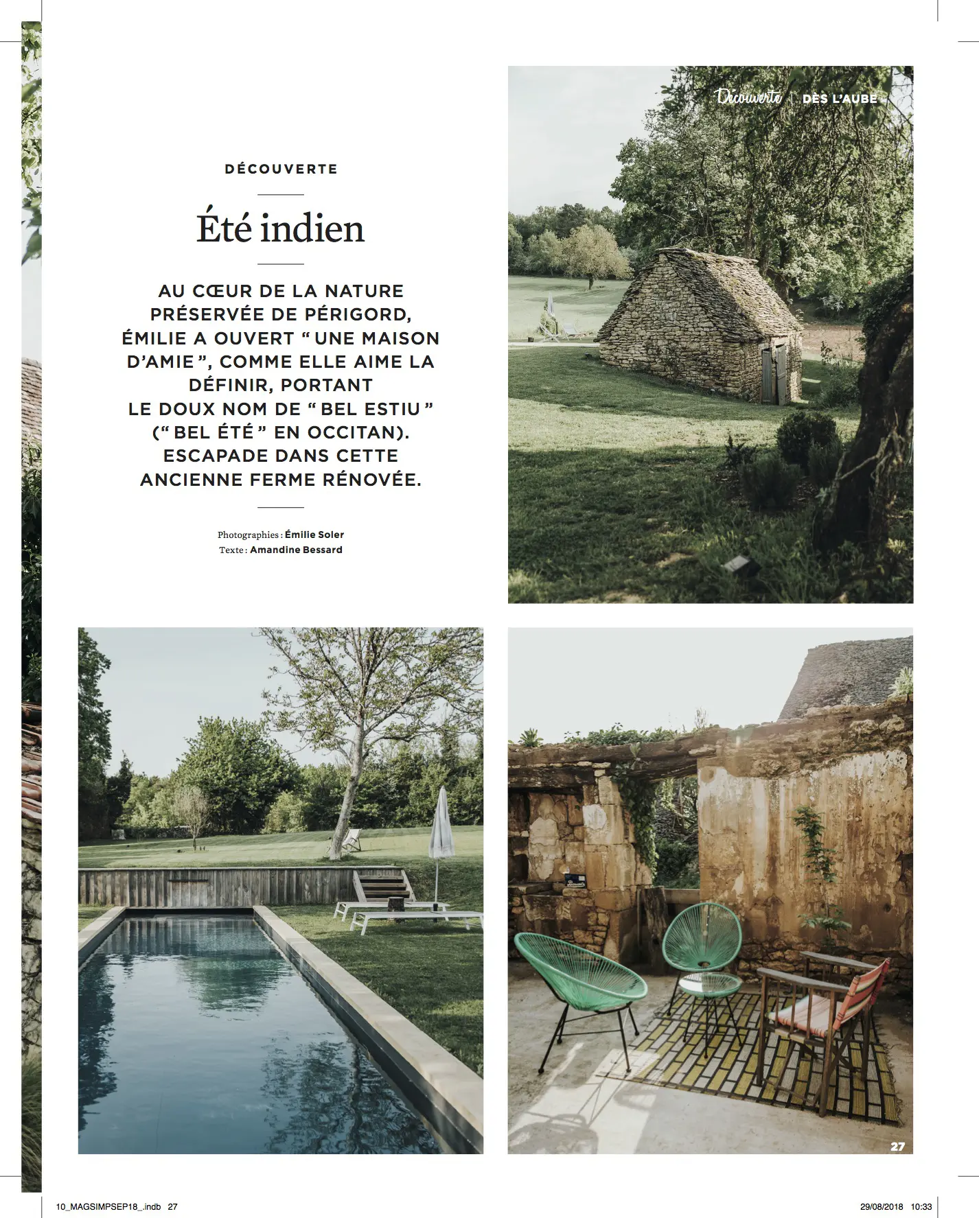 article sur la maison d’hôtes Bel Estiu magazine Simple Things Septembre octobre 2018